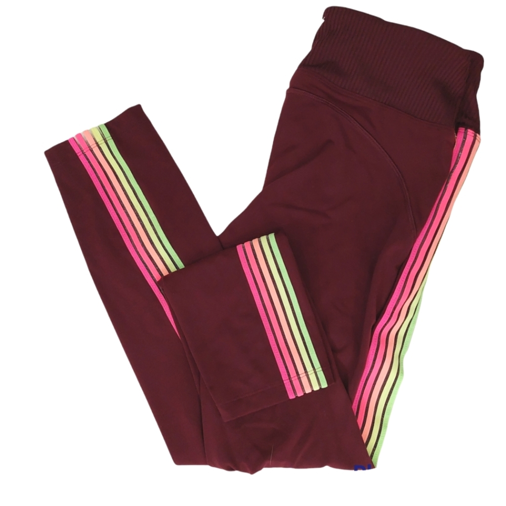 VS PINK Ultimate Sport Ruby Pride Neon Rainbow Trim 7/8 Leggings Burgundy Medium